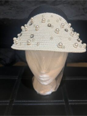 Pearl Embellished Cream Straw Hat/Visor - New